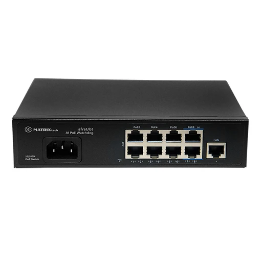 PoE коммутатор M-PS8100, 8 портов 10/100 Мб/с, бюджет 120Вт, 1.8 Гб/с, 100–250 м, 120 Вт, -10…+55°C